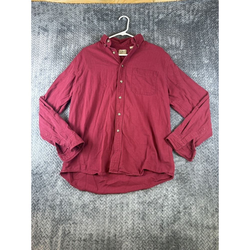 L.L.Bean Shirt Mens Medium Red Herringbone Cotton Long Sleeve Casual Button Down